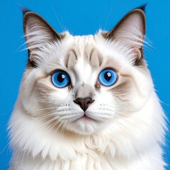 Fluffy White Cat with Piercing Blue Eyes on Blue