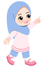 Cute Cartoon Girl in Hijab Pointing Upward with Joyful Expression