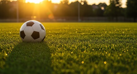 Obraz premium Golden Hour Soccer Awaiting the Game on Dewy Grass Field Calm Light