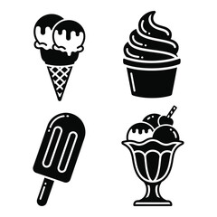 Four delicious ice cream treats collection classic cones cups popsicles sundaes frozen desserts silhouette