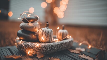 Autumn Inspired Still Life with Pebbles, Mini Pumpkins, and Fairy Lights on Rustic Surface