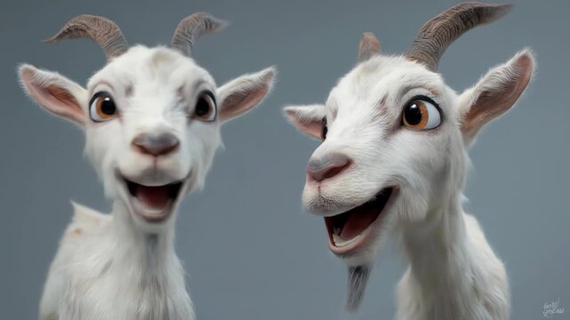 Two happy, animated white goats with large eyes and small horns against a light blue-grey background