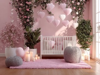 A light-filled nursery scene with a crib, floral accents, and heart decorations