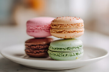 a plate with three macarons stacked on top of each other