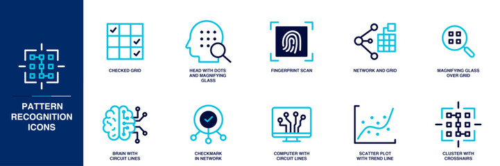 Pattern Recognition Blue Colored Outline Icon Set