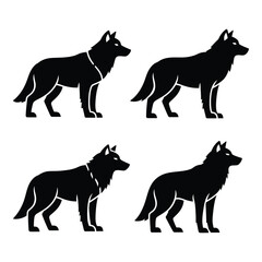 Four black wolf silhouettes standing profile view with subtle outline detail silhouette