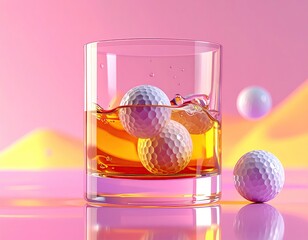 A cocktail glass holds golf balls in amber liquid, against a vibrant pink backdrop