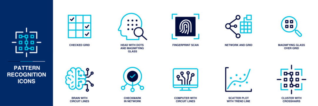 Pattern Recognition Blue Colored Outline Icon Set