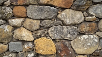 Fototapeta premium Close-up view of a stone wall composed of various sized and colored rocks. Uneven, textured surfaces
