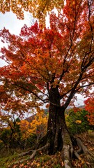 Ancient tree with vivid autumn leaves and roots...
