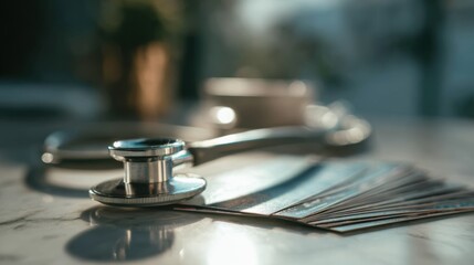 Medical Stethoscope on Table with Blurred Background and Health Insurance Cards in a Soft Light Environment