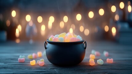 Colorful candy in black pot with steaming mist and glowing lights on wooden table creating a magical festive atmosphere at night