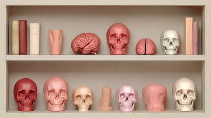 Colorful Collection of Skull Models, Brain Models, and Decorative Books on a Neutral Shelf Background for Educational Use