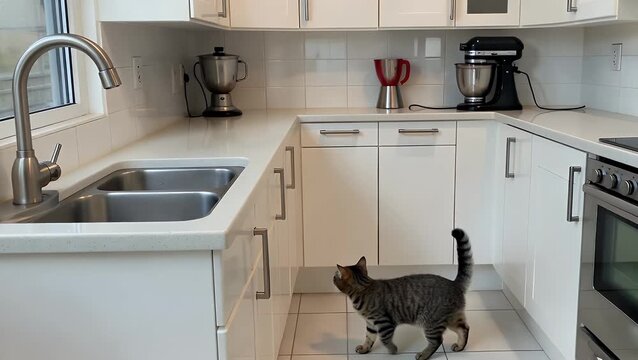 Photorealistic Rendition of Immaculate Culinary Space with Reflective Surfaces and Feline Resident