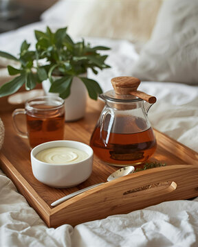 flowers in ceramic pitcher, breakfast in bed scene, cups and saucers arrangement, floral morning tray, peaceful bedroom moment, warm breakfast setting, bed with flowers and tea, serene morning vignett
