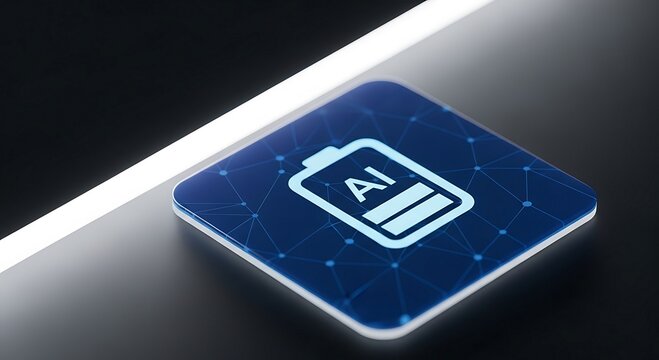 AI-Powered Battery Optimization Concept. Futuristic 3D render of an icon showing Artificial Intelligence for energy management and power efficiency technology.