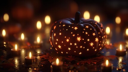 Glowing Jack-O'-Lantern Surrounded by Candles and Autumn Leaves on a Mysterious Halloween Night