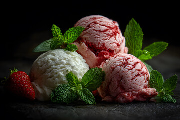 three scoops of ice cream with mint leaves