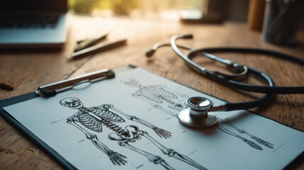 Medical Chart With Skeleton Diagram And Stethoscope On Wooden Table In A Bright Office Setting For Healthcare Professionals