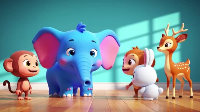 A Serene Blue Elephant with Playful Monkey and Rabbit Friends in a Cute 3D Animation.