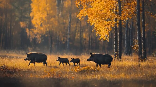 Wild boars and piglets wandering through a peaceful golden autumn forest with vibrant trees and soft grass 4k video footage