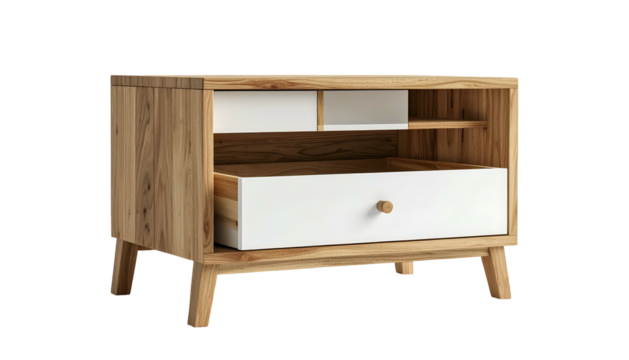 Stylish, modern wooden nightstand, featuring light-colored wood with a striking contrast of white drawer fronts and open shelving, offering a blend of design and functionality against a solid black...