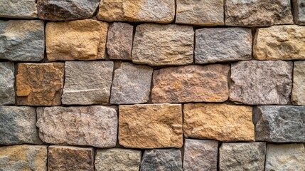 Close-up view of a stone wall.  Stacked rectangular stones in various shades of beige, brown, and gray