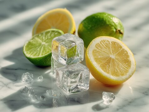 Minimalist Citrus Display: Fresh Lime, Lemon Slices, Ice Cubes on Polished Marble, Soft Side Lighting for Refreshing Ads, Beverage Promotions, Web Content, Social Media