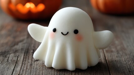 Adorable ghost-shaped dessert on a rustic wooden table with Halloween pumpkins glowing in the background, evoking spooky charm