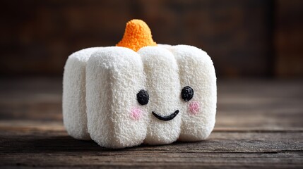 Cute and Soft White Pumpkin with Smiling Face on Rustic Wooden Background for Fall or Halloween Decor and Craft Projects