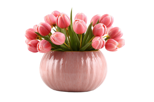 Pink Tulips in Ceramic Pot on Transparent Background