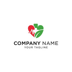 A health and wellness logo combining a red heart with an EKG line and a green leaf with a medical cross.