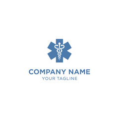A blue medical star of life emblem with a caduceus symbol, representing healthcare and emergency services, accompanied by placeholder text for company name and tagline.