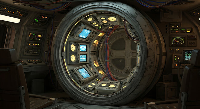 Inside a Futuristic Spaceship or Submarine Cockpit Interior View of Round Door Hatch with Control Panels