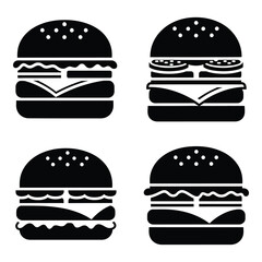 Set of four stylized silhouette hamburgers delicious fast food icons for design and branding needs silhouette