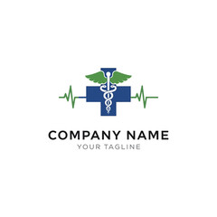 A medical logo design featuring a cross, caduceus, and a heartbeat line, representing health and care.