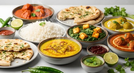 Fototapeta premium Delicious Indian Cuisine Spread Featuring Curry, Naan, Rice, and Vegetables on a Bright Tabletop Setting