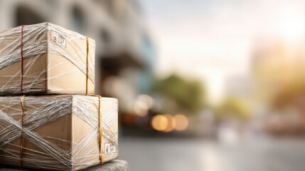 Stacked Delivery Boxes Wrapped with Plastic on City Street During Golden Hour with Urban Background and Soft Focus