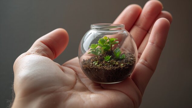 Miniature Garden in Palm: A serene image showcasing a tiny ecosystem thriving in a glass jar nestled gently within the palm of a hand. Evokes a sense of miniature wonder and care. - Powered by Adobe