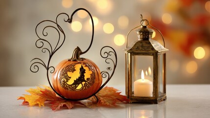 Whimsical Halloween Pumpkin Lantern with Candle and Autumn Leaves Against Warm Bokeh Background for Festive Decor