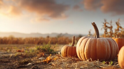 Autumn Scene with Pumpkins on Ground Against Horizon at Sunset with Warm Light and Soft Clouds in a Rural Field Setting