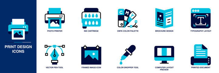 Print Design Blue Colored Outline Icon Set