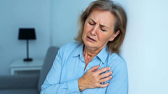 Mature woman experiencing sudden acute chest pain, clutching her heart area with a look of agony and discomfort, leaning against a wall.