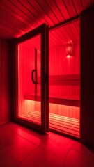 Red-lit sauna with glass door and wooden benches!!