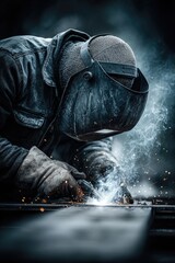 Focused welder in action, sparks and smoke fill the air