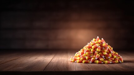 Colorful Candy Corn Pile on Wooden Surface with Soft Lighting in Rustic Background for Halloween and Autumn Celebrations