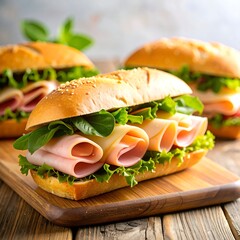 Fresh deli sandwiches with meat, cheese, lettuce