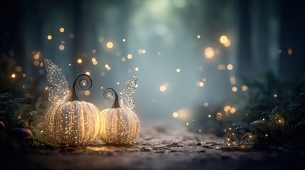Enchanted pumpkins with glowing wings surrounded by sparkling lights in a mystical forest setting