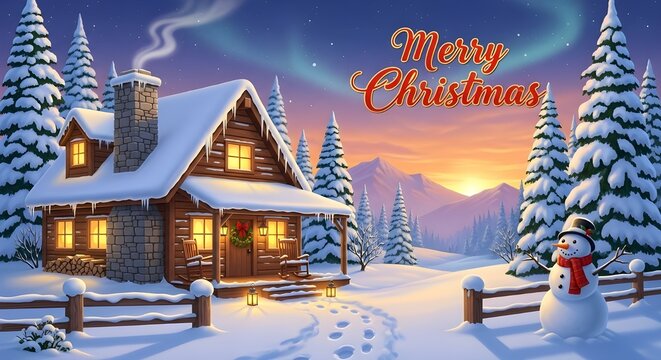 Escape to a cozy winter wonderland cabin for a magical Merry Christmas celebration with snow covered trees and a charming snowman greeting you