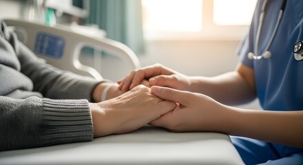 Obraz premium Compassionate nurse offering support to elderly patient, holding hands in hospital setting providing comfort and care during challenging times